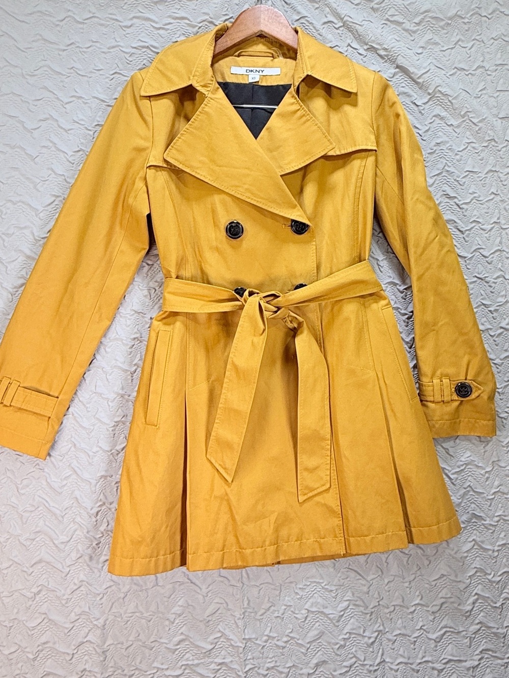 DKNY Mustard Yellow Double-Breasted Trench Coat with Belt